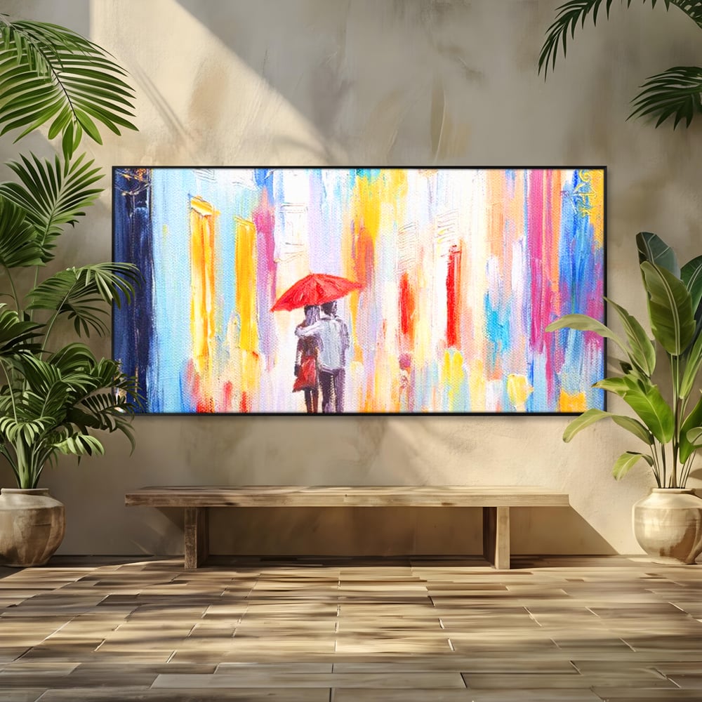 Tablou canvas cu pictura cu un cuplu sub umbrela, in rama de aluminiu negru